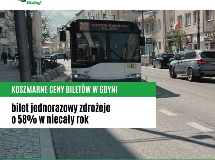 Grafika przedstawia informacje o podwyżce cen biletów w Gdyni.