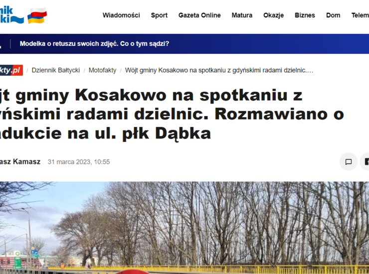 Zrzut ekranu z internetowego wydania Dziennika Bałtyckiego dotyczącego spotkania z wójtem Kosakowa w marcu 2023 r.
