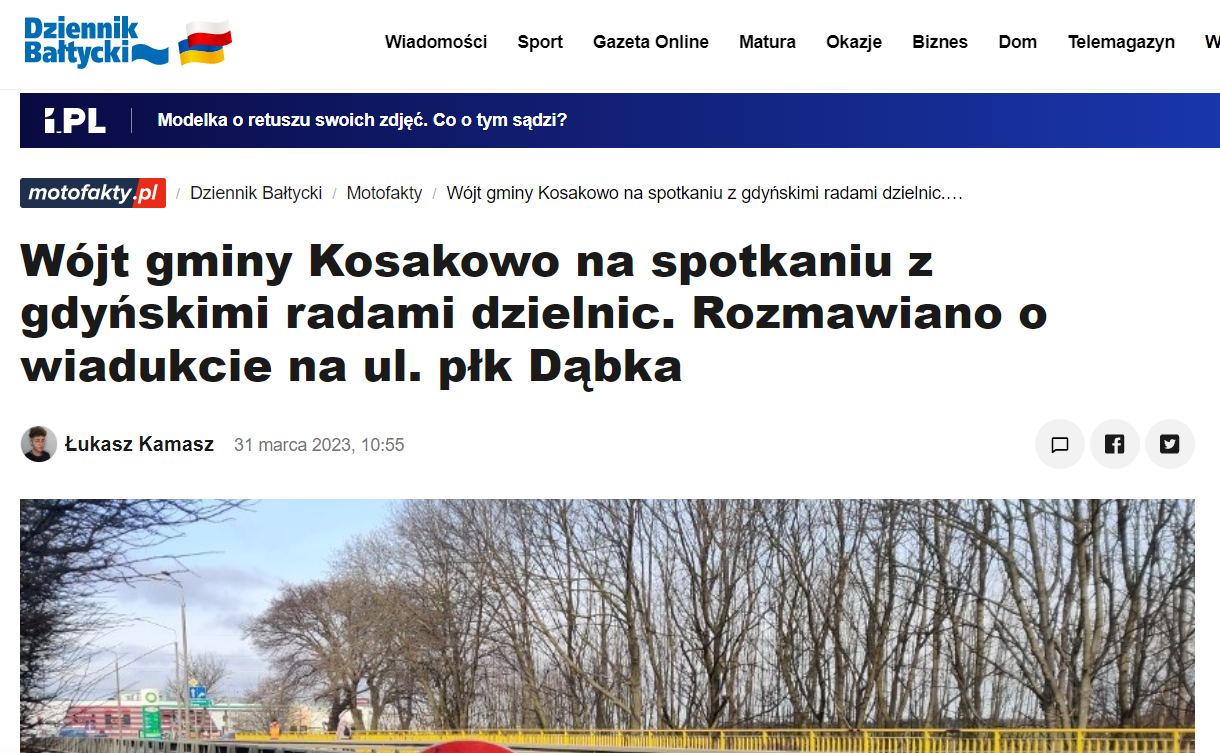Zrzut ekranu z internetowego wydania Dziennika Bałtyckiego dotyczącego spotkania z wójtem Kosakowa w marcu 2023 r.