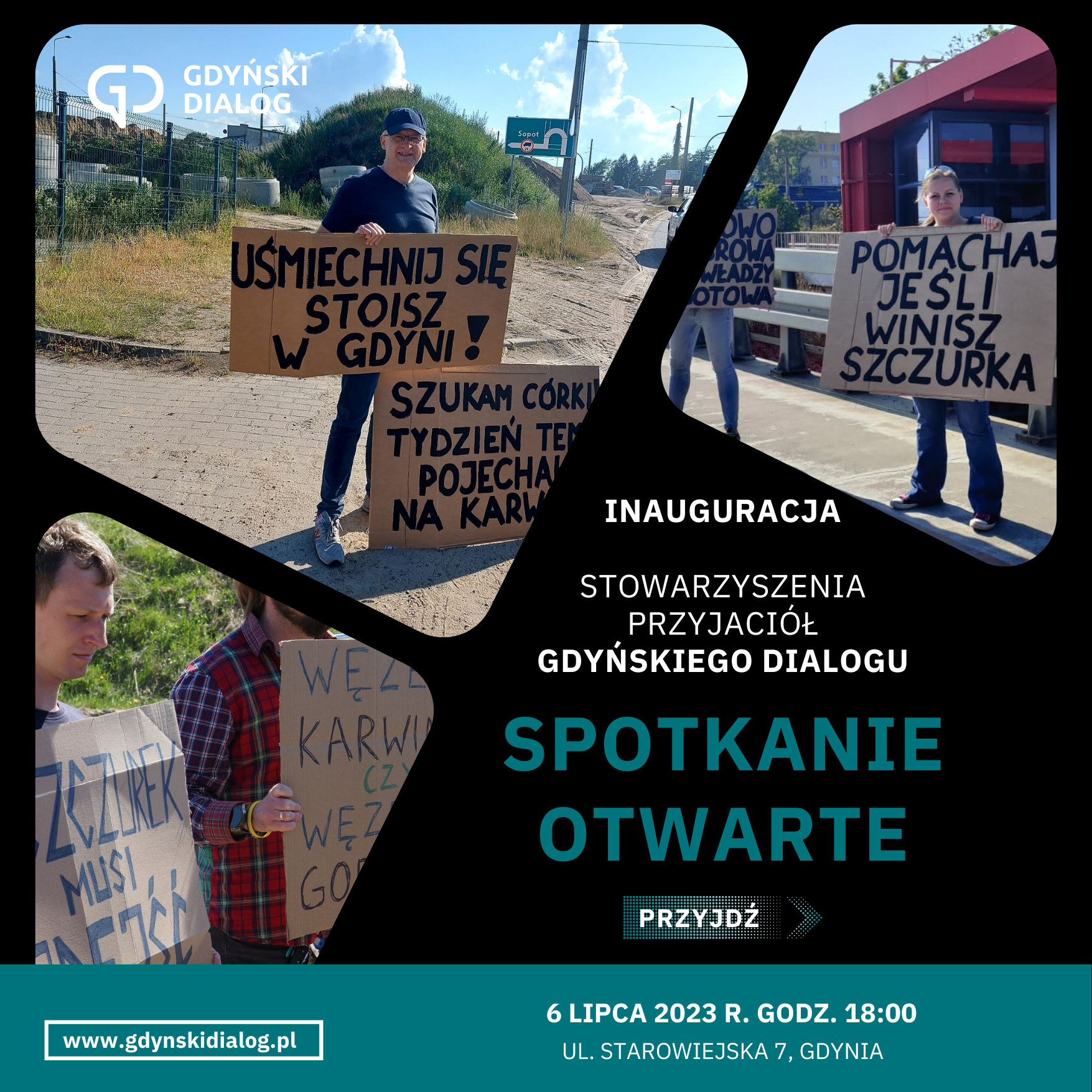 Na grafice jest kolaż tzrech zdjęć z akcji społecznych Stowarzyszenia Przyjaciół Gdyńskiego Dialogu na Węźle Karwiny. W tekście jest zaproszenie na spotkanie otwarte 6 lipca 2023 r.
