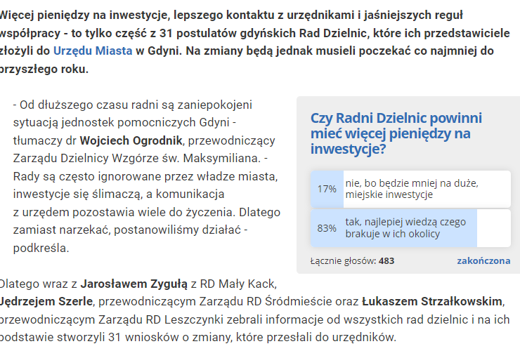 zrzut ekranu z artykułu na trojmiasto.pl o Radach Dzielnic w Gdyni. Na screenie widać wypowiedź Wojciecha Ogrodnika