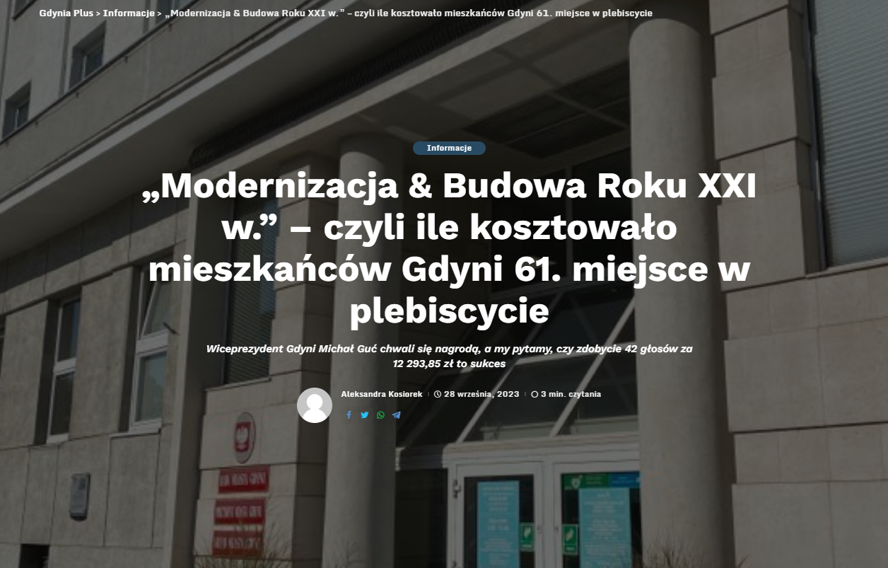 zrzut ekranu z serwisu gdynia.plus. na zdjęciu tytuł artykułu: Modernizacja & Budowa Roku XXI w.” – czyli ile kosztowało mieszkańców Gdyni 61. miejsce w plebiscycie